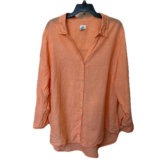 Sigrid Olsen Tops - Sigrid Olsen Linen Top Blouse 2X Orange Button Up Roll Tab Sleeve Lagen Resort